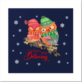 Don't stop believing christmas owls in watercolor Posters and Art